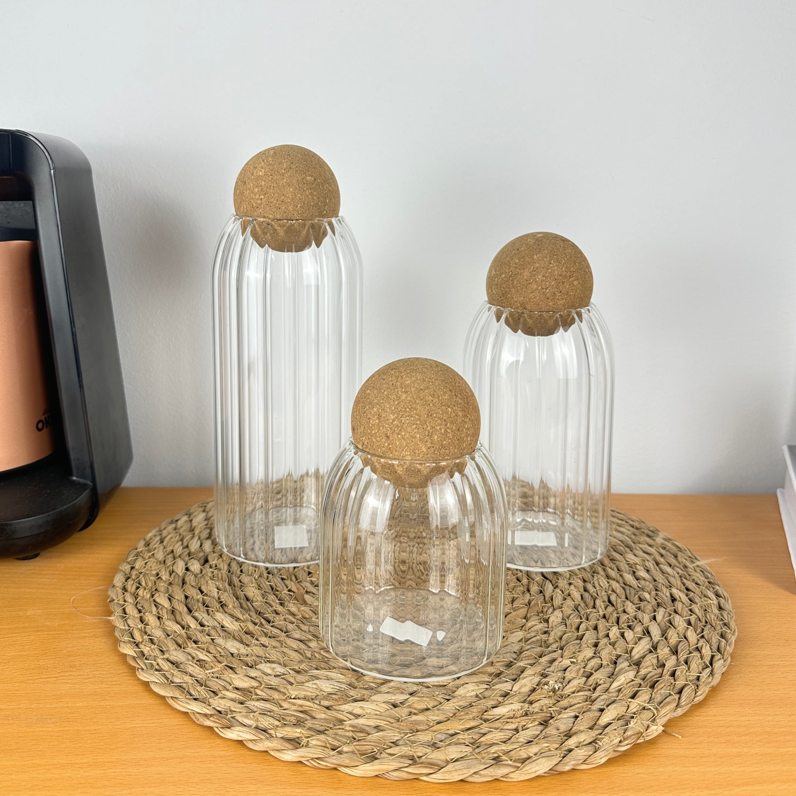 Ribbed Glass Jar Set with Ball lid wooden