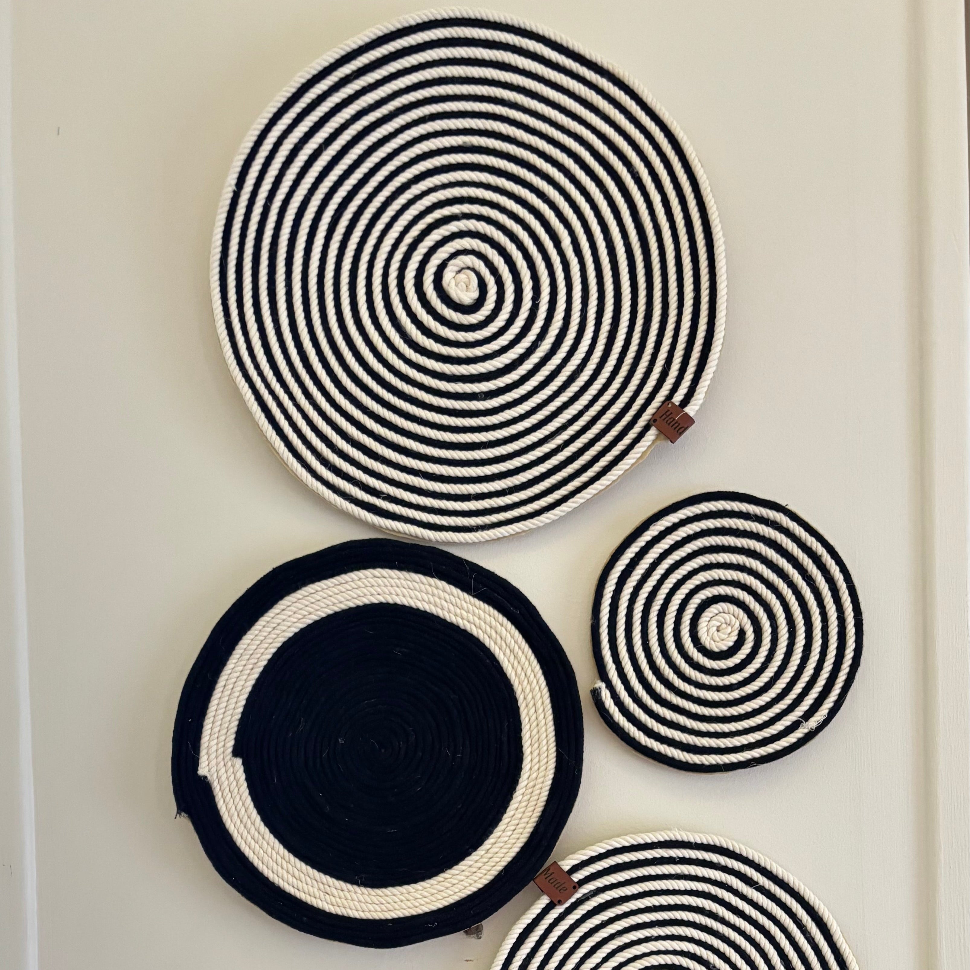 Handmade Macrame Set – 6 Coasters, Black & Off-White