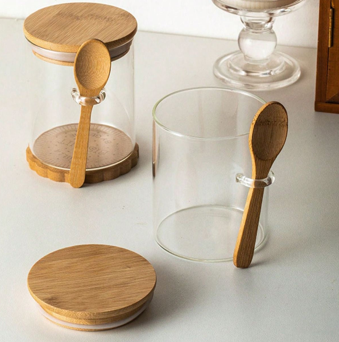 Glass Storage Jar with Airtight Wooden Lid and Wooden Spoon