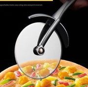 This pizza cutter features a stainless steel