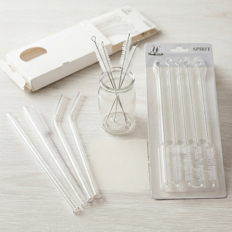 4 Piece Reusable Drinking Straw + Cleaner Brush Grey set