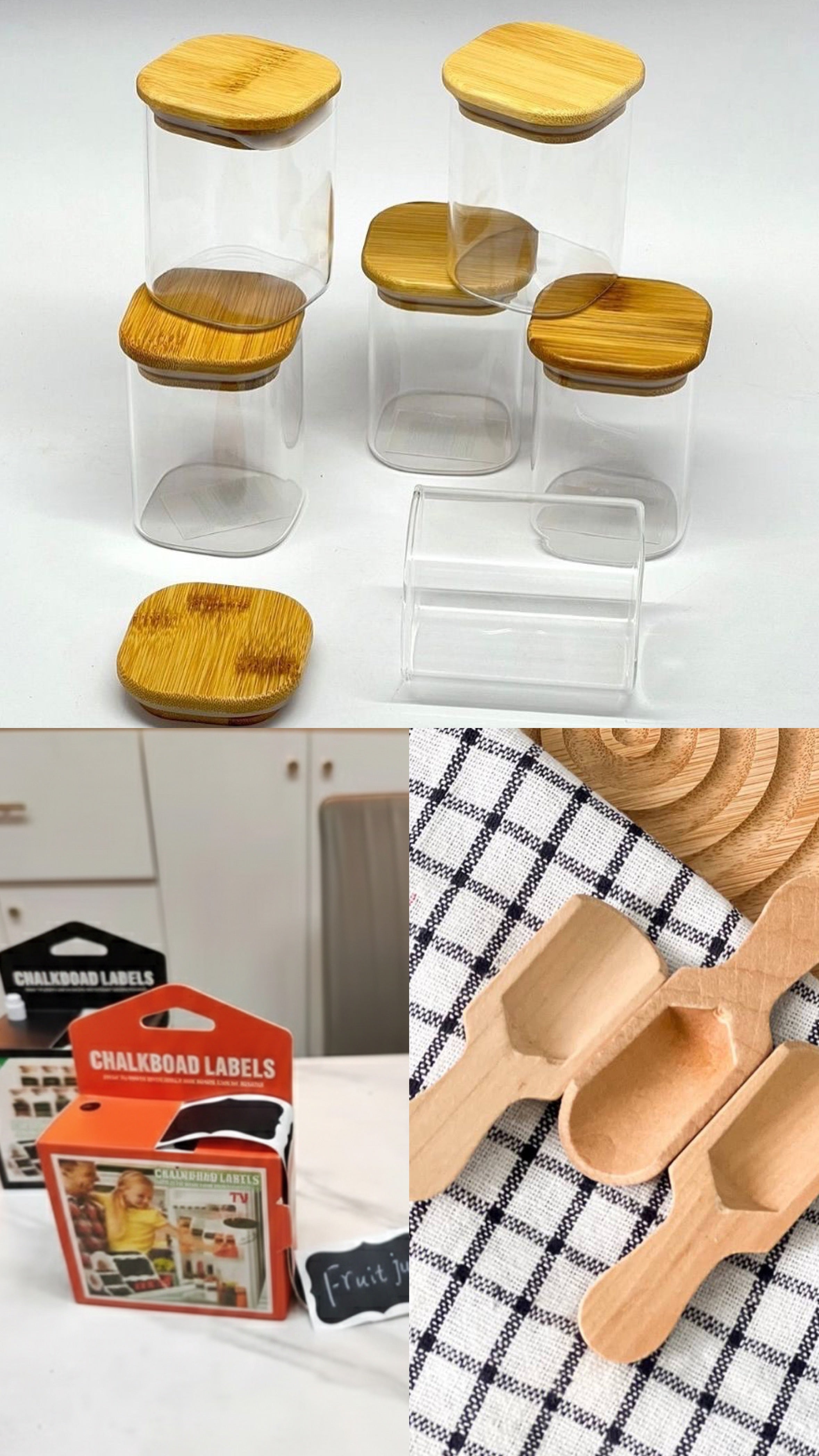 طقم برطمانات زجاج ومعالق معيار خشب واستيكر توابل