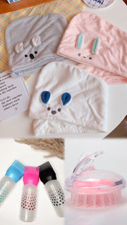 فوطة ميكروفيبر للشعر+ فرشة تنقيط الزيت وفرشة غسيل الشعر