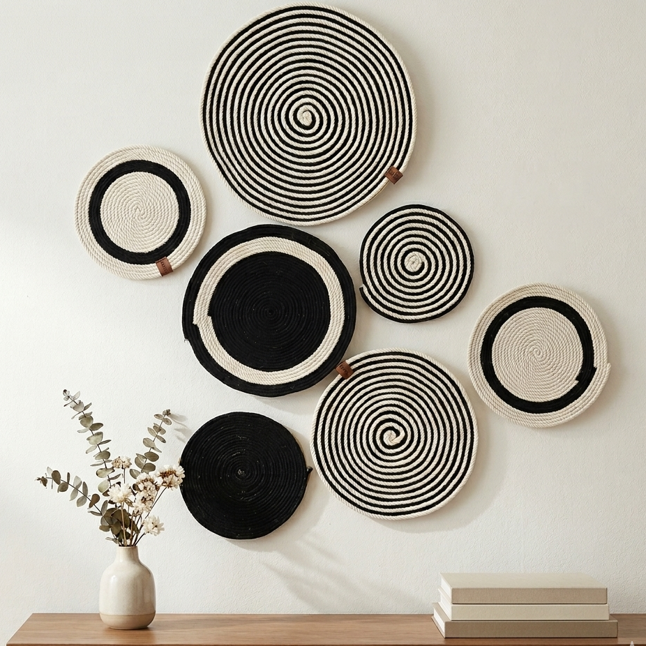 Handmade Macrame Set – 6 Coasters, Black & Off-White
