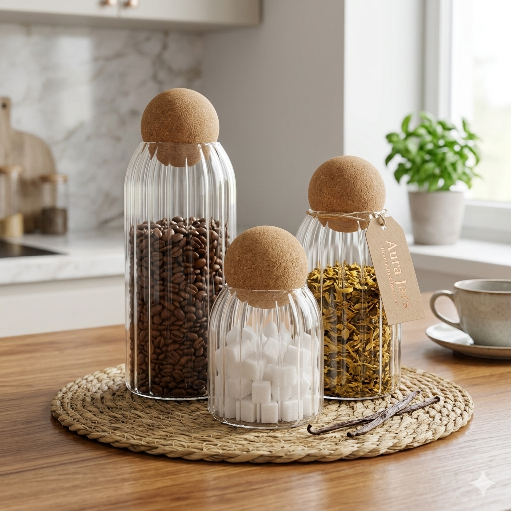 Ribbed Glass Jar Set with Ball lid wooden